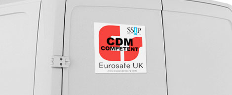 Mockup photo of a van's rear doors with the CDM Competent Logo affixed